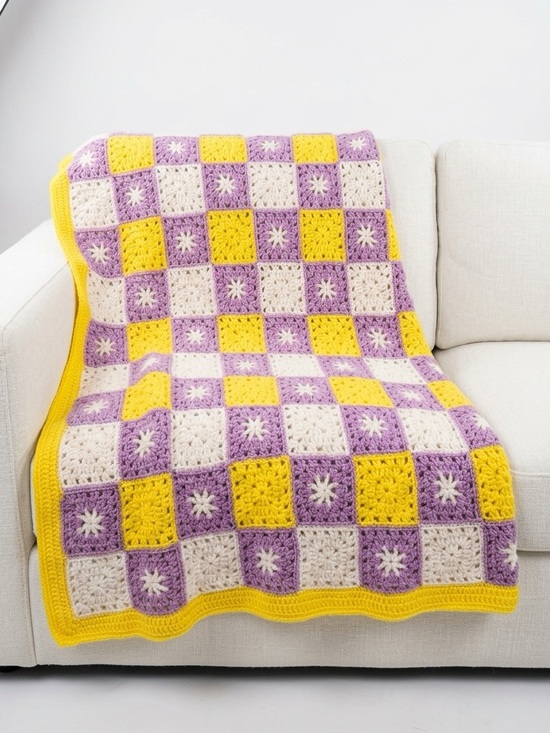Handmade Other - Handmade Vintage Granny Square Crochet Checkerboard Throw Purple Yellow 28x40